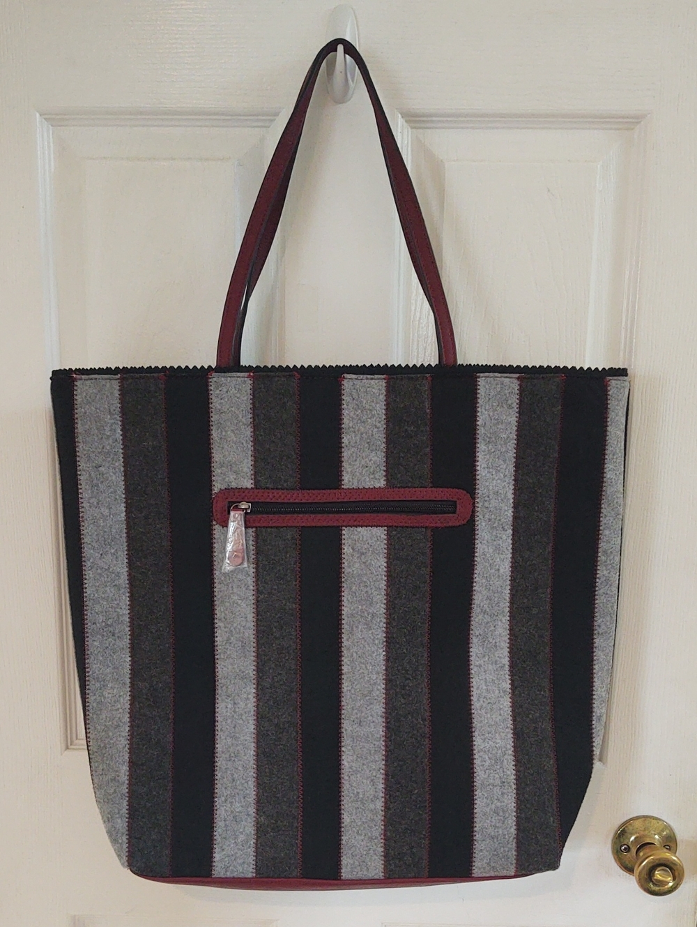 Sondra Roberts Vintage Black, Gray & Burgundy Striped Tote